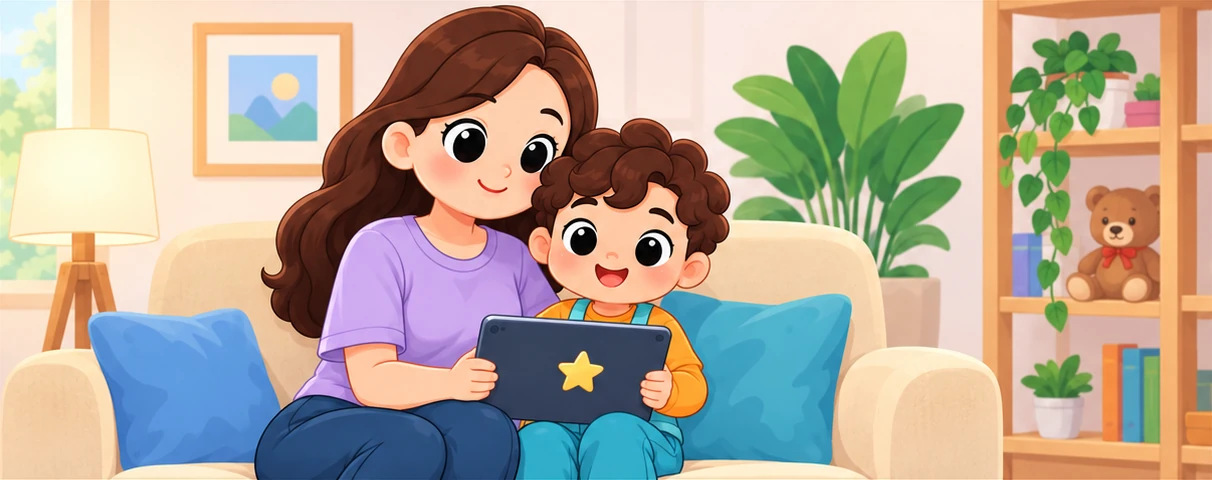 Parent and child looking at a tablet together on a sofa